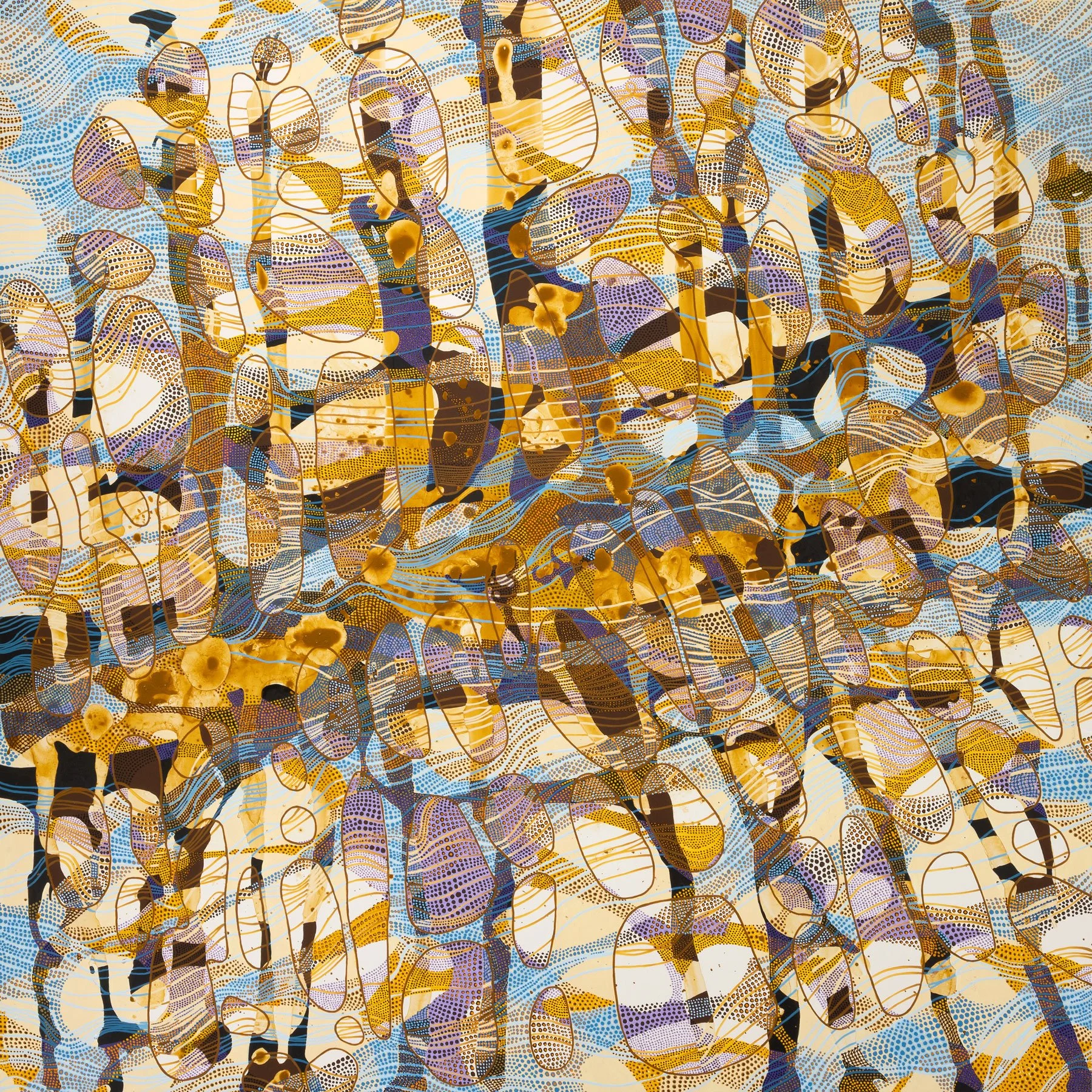 Abstract painting with egg-like grid in earth tones with blue and purple highlights
