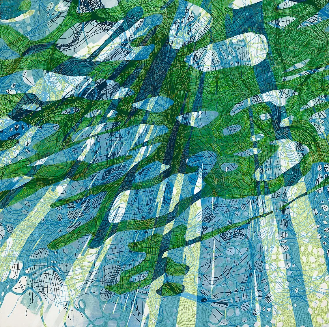 abstract painting with undulating grid composition in blues and greens with yellow highlights