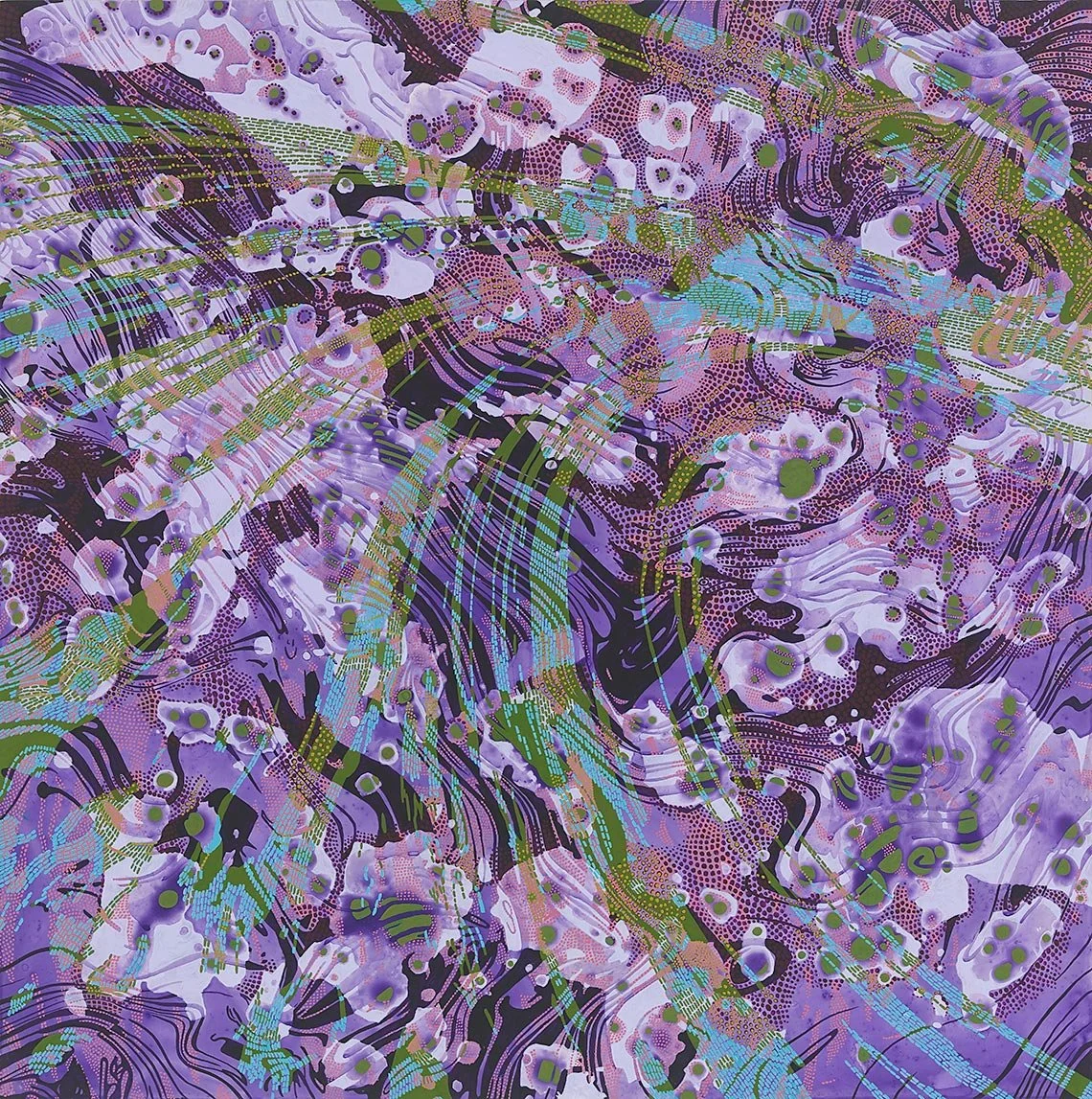abstract painting with swirling composition in purple with green and blue highlights