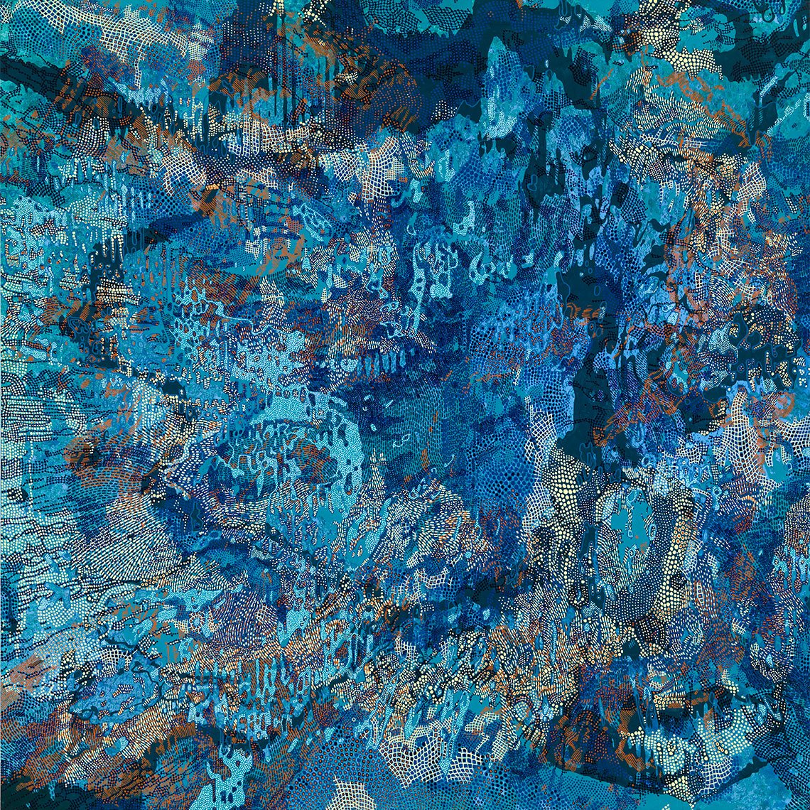 abstract painting made up of dots and dashes, in blue with yellow and orange highlights