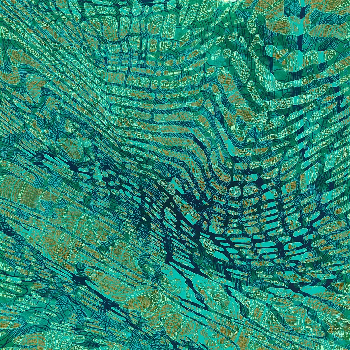 abstract painting with wave-like composition in greens with orange highlights
