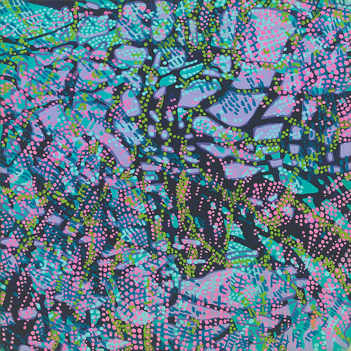abstract painting of dots and solid patterns in blues, purple, pink, and green