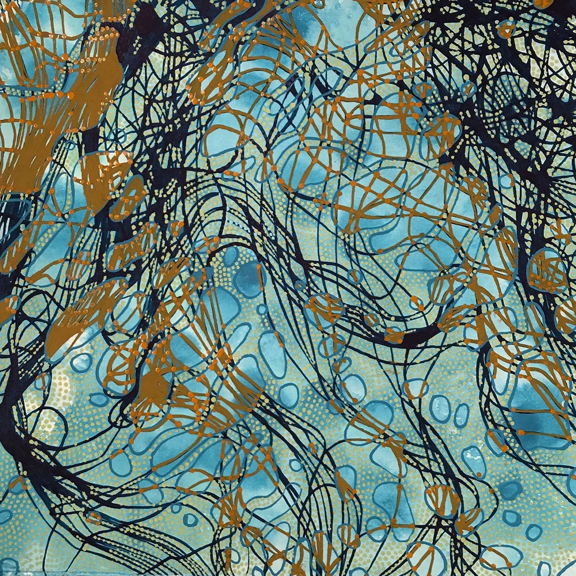 Abstract painting in blue with yellow and orange highlights