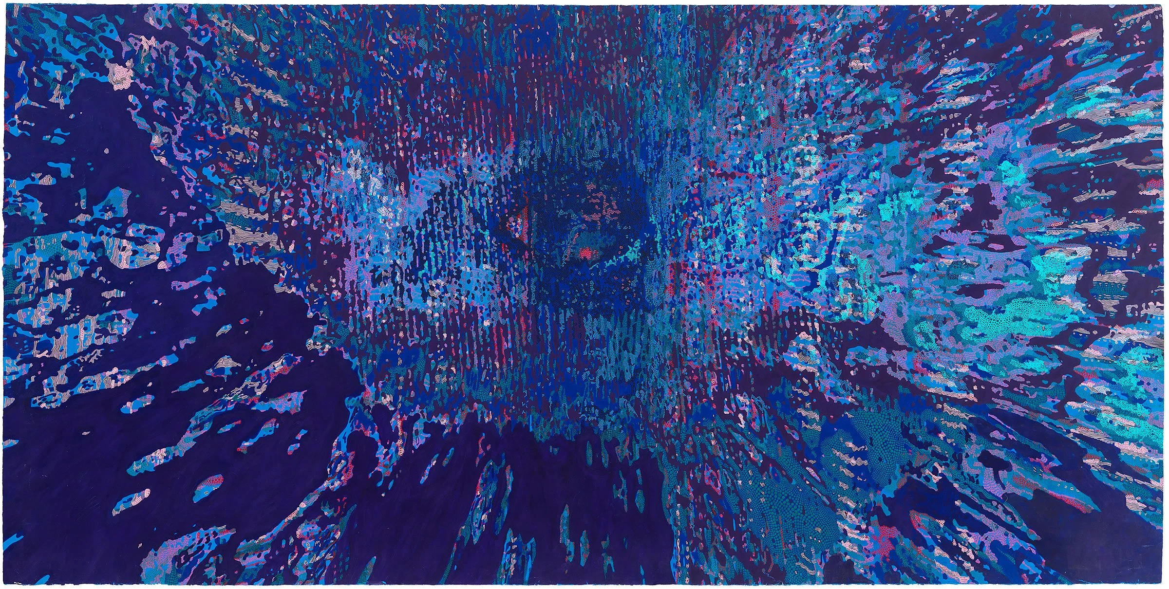 abstract painting with central eye-like composition in purple with blue and pink highlights