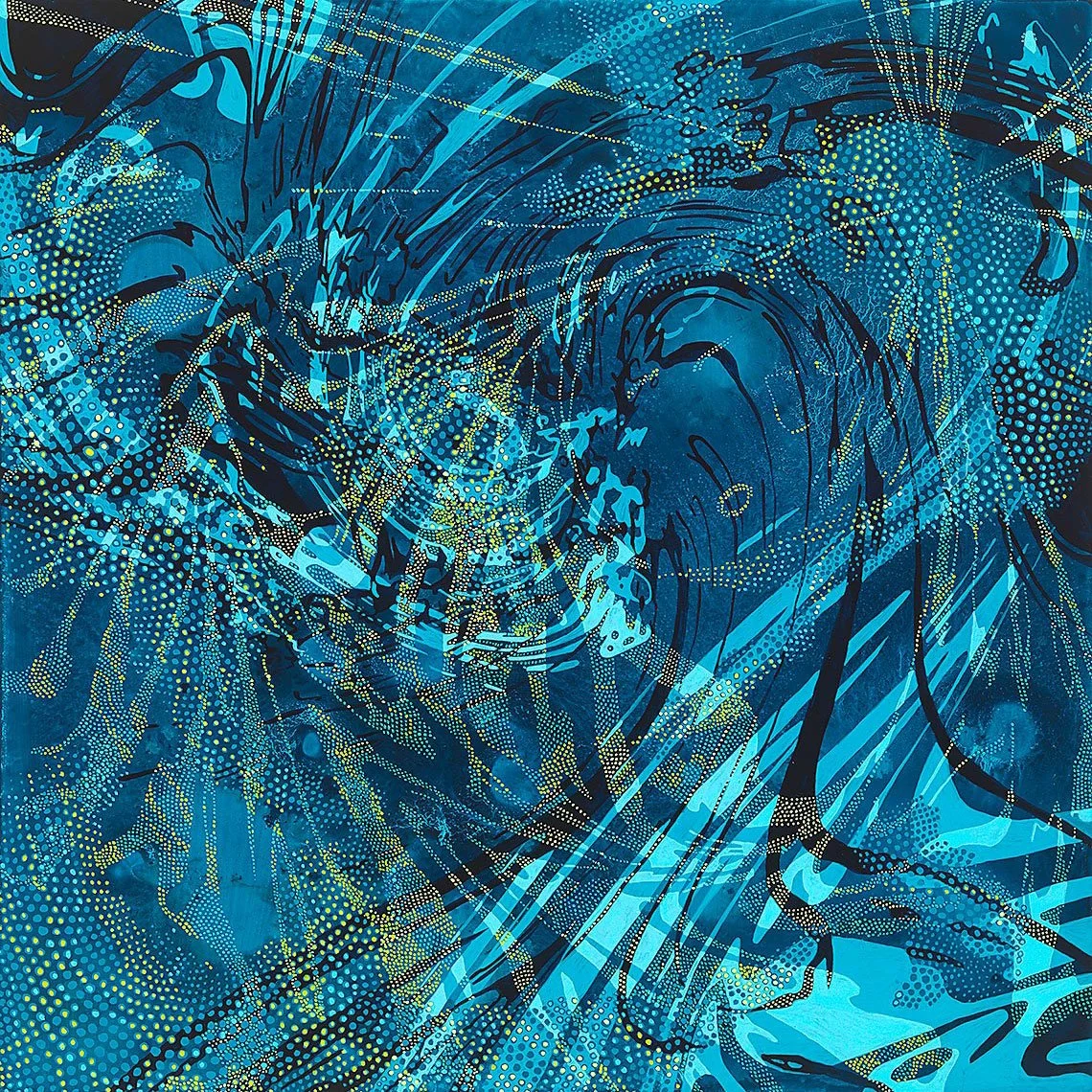 abstract painting with swirling composition in blues with yellow highlights