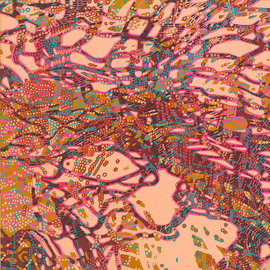 abstract painting of dots, dashes, and solid patterns in pink, with turquoise and orange highlights