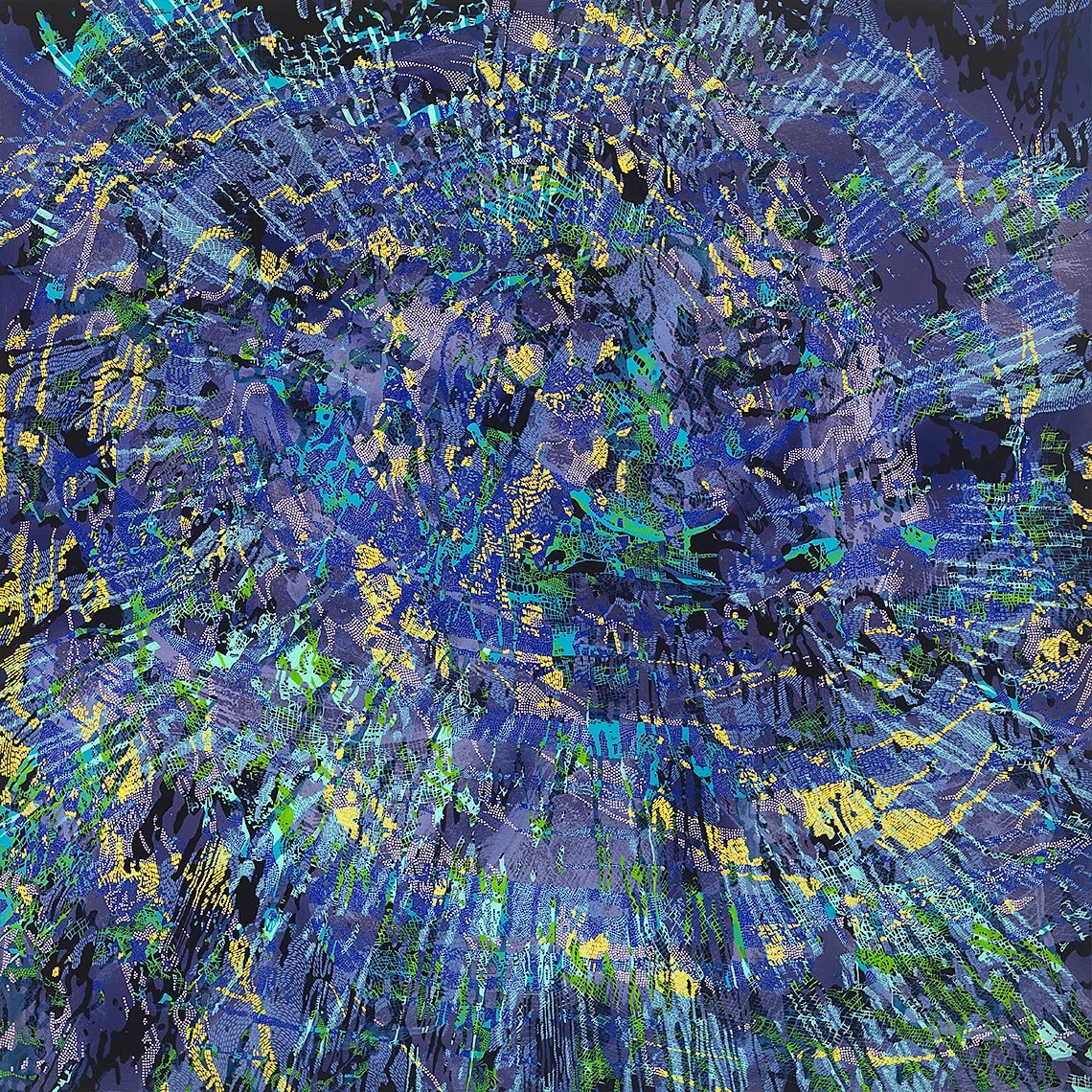 abstract painting with circular and exploding composition in purple, with yellow, blue and green highlights