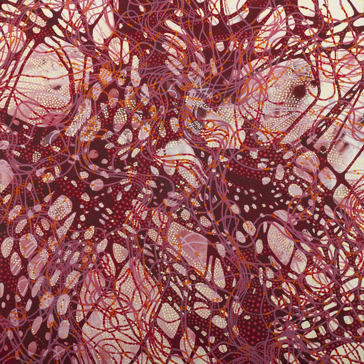 Abstract painting with swirling lines and dots in reds, pinks, and orange