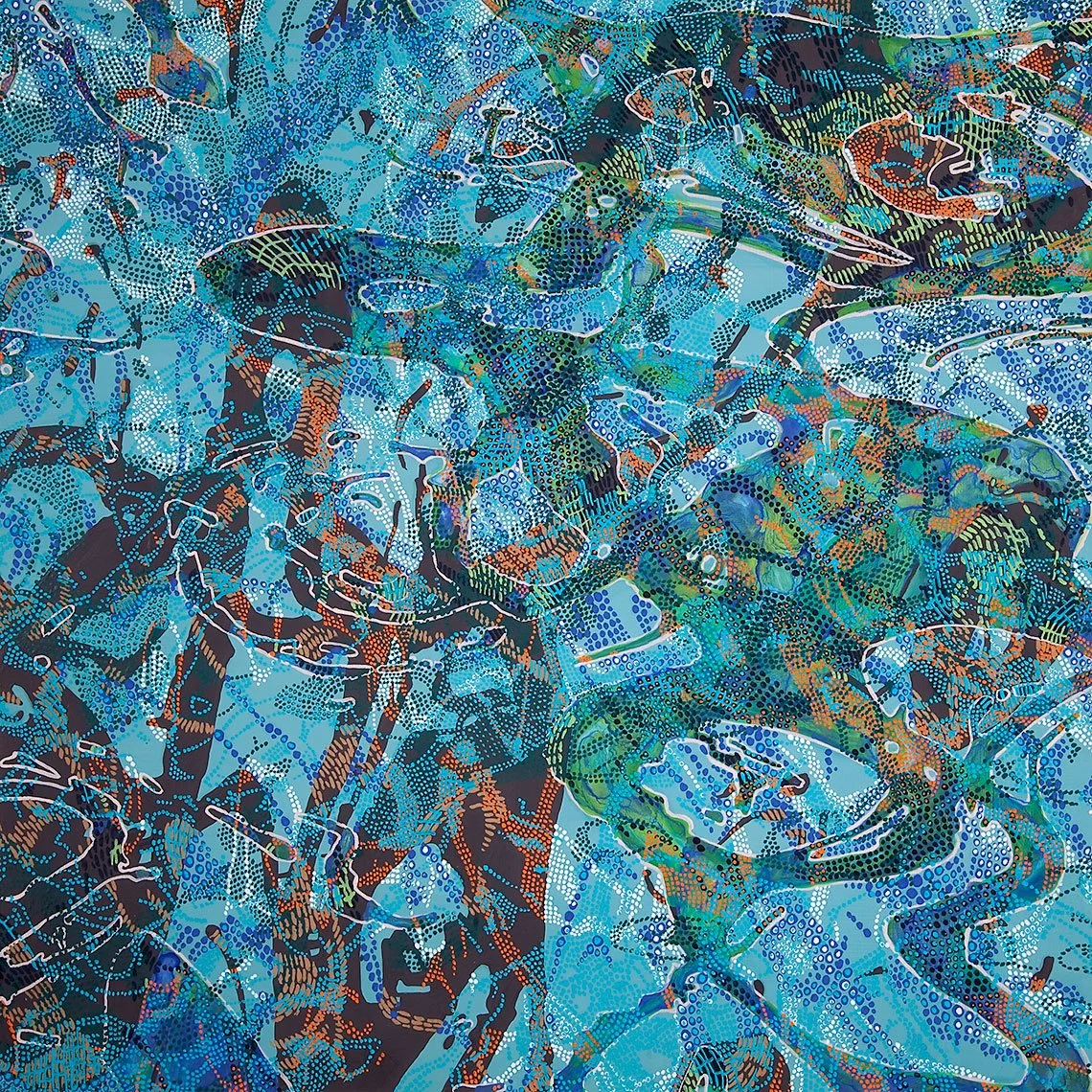 Abstract painting in blues and greens with orange highlights