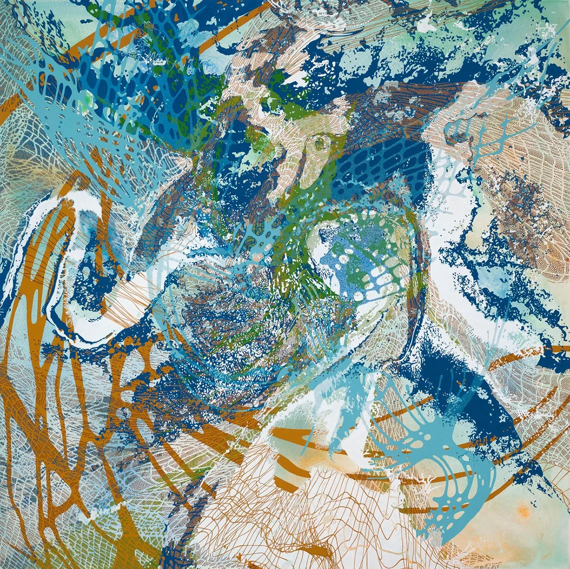 Abstract painting with swirling composition in blues, greens and oranges