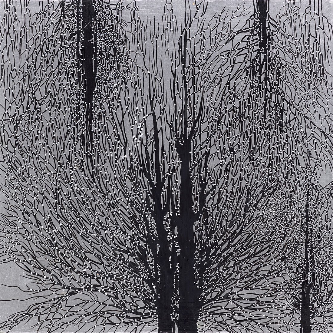 Abstract painting with tree-like composition in silver and black with white dots