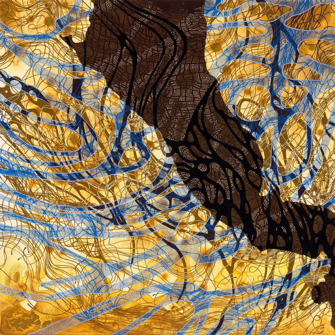 Abstract painting of swirling lines and dots, in golds, browns, and blue highlights