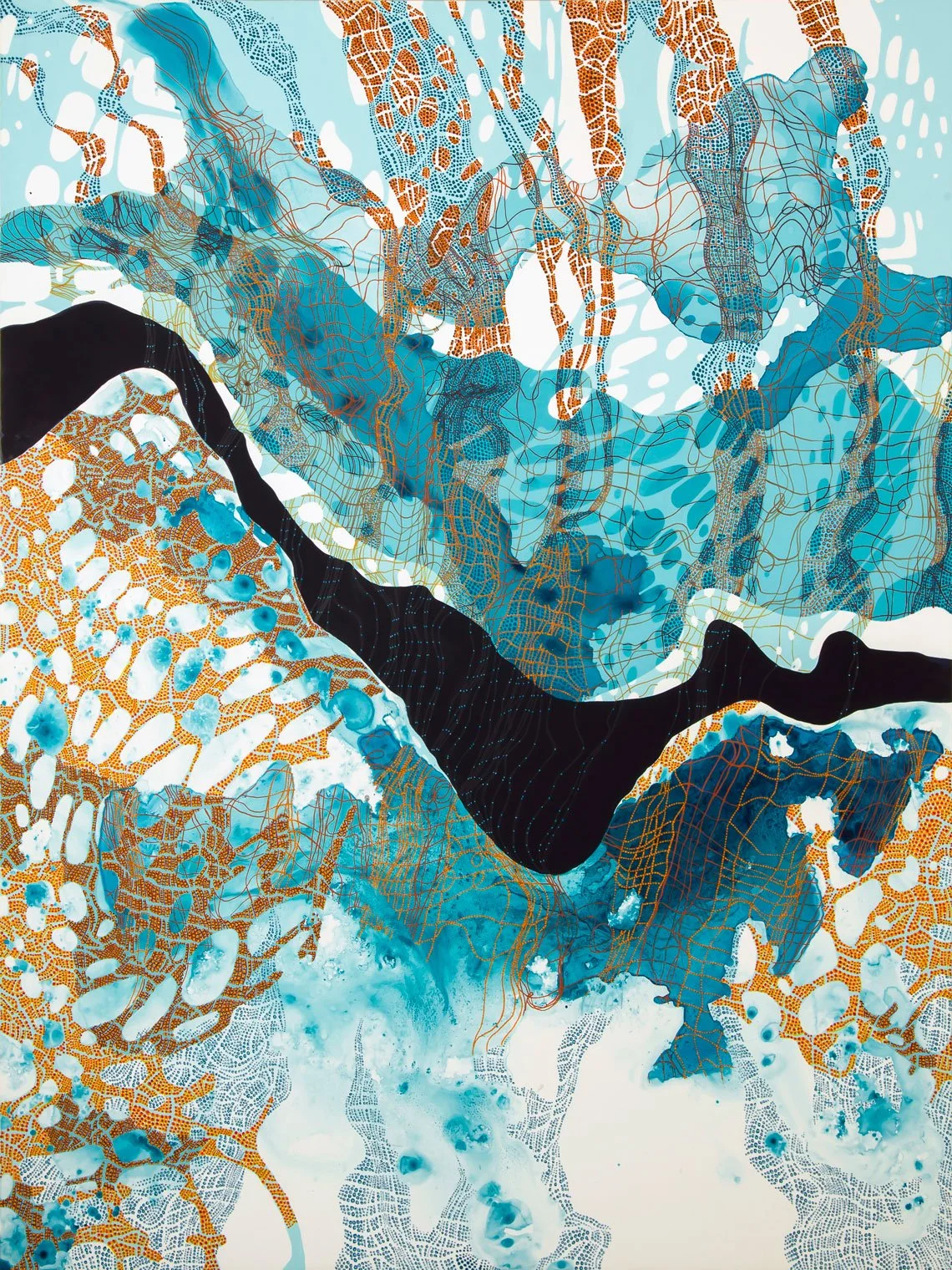 Abstract painting in teal blues with orange highlights