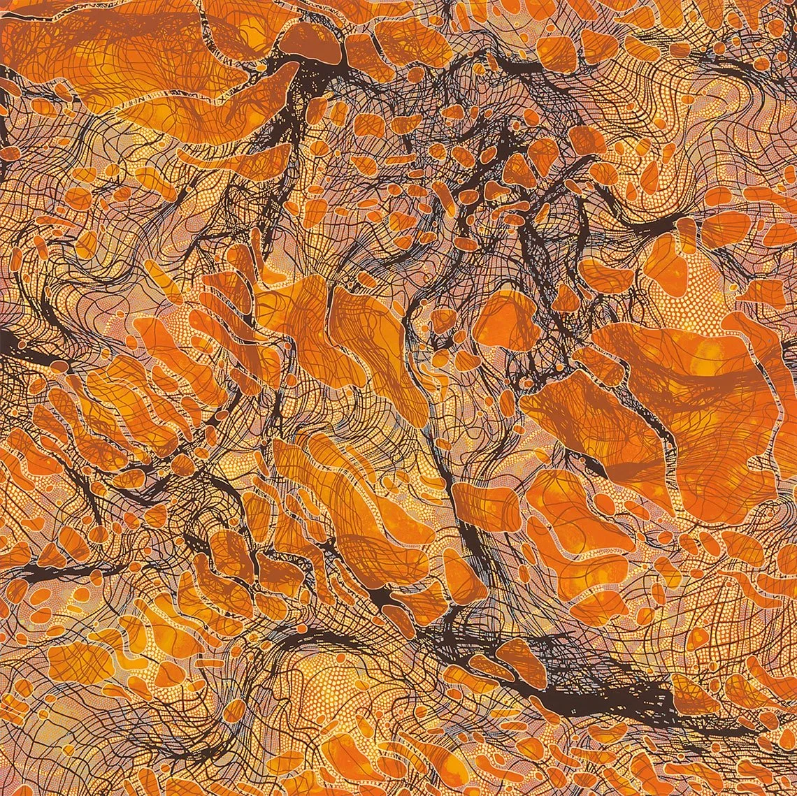 abstract painting with undulating grid composition in orange with yellow, blue and black highlights