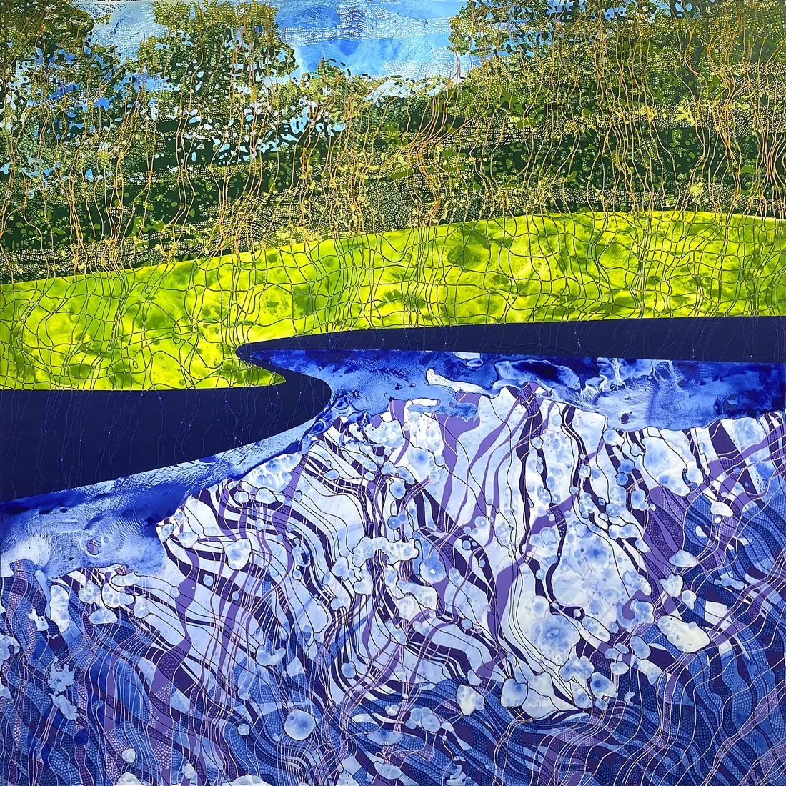 Here And There, acrylic on 17 panels, 62x300, 2023