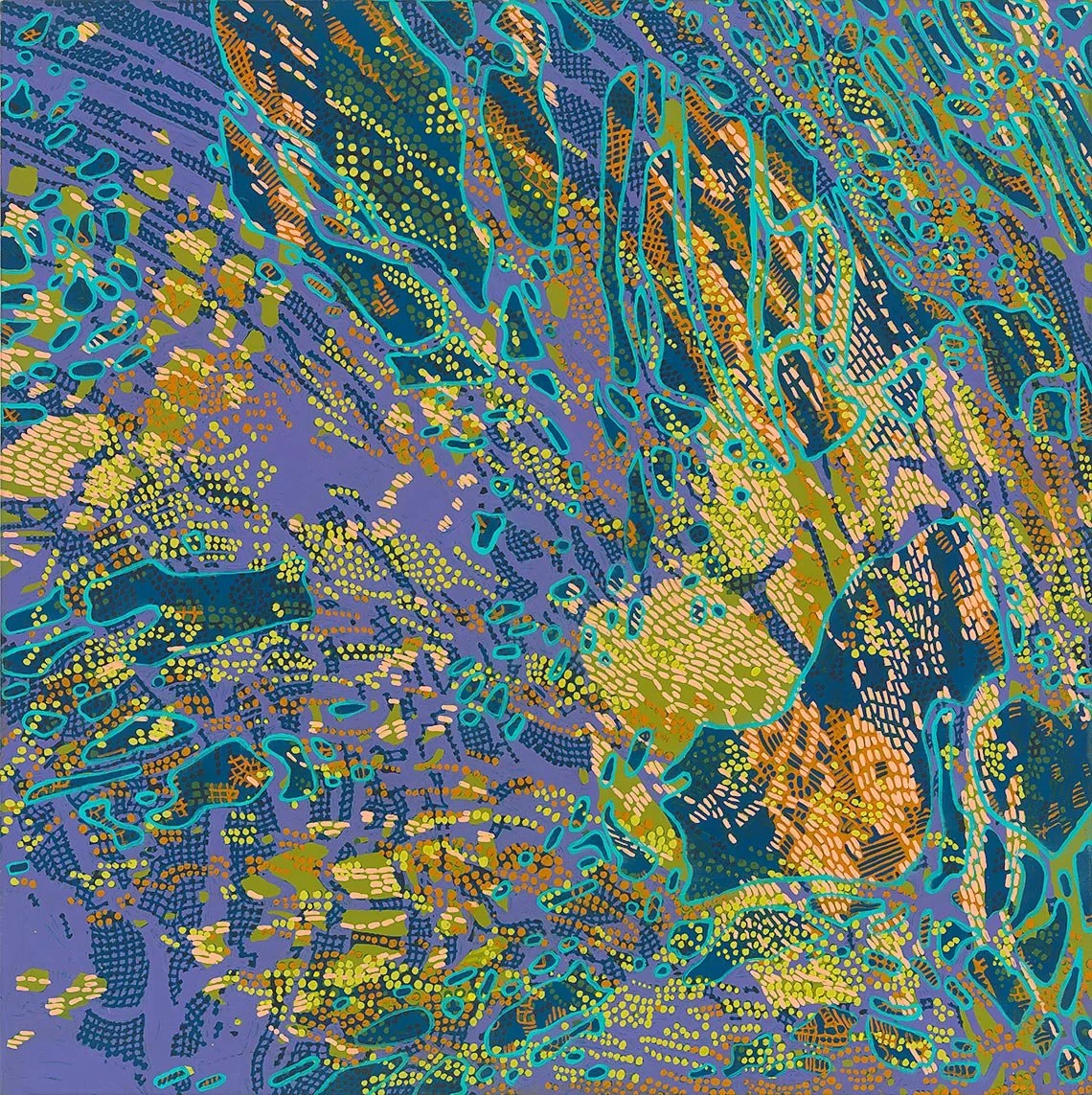 abstract painting of dots, dashes, and solid patterns in purple, blue, green, orange and pink