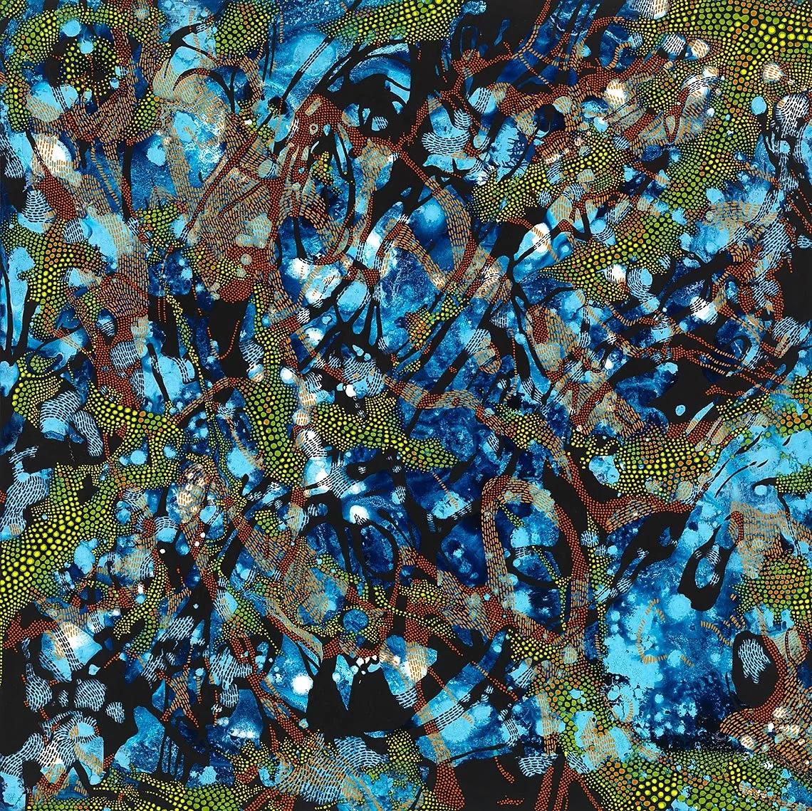 Abstract painting in blue with green, yellow, and orange highlights