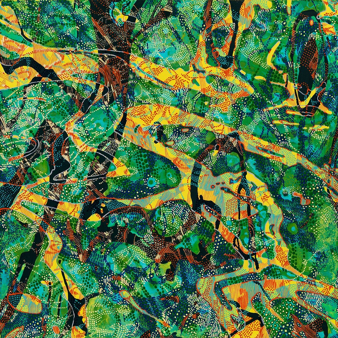 Abstract painting in green with yellow and orange  highlights