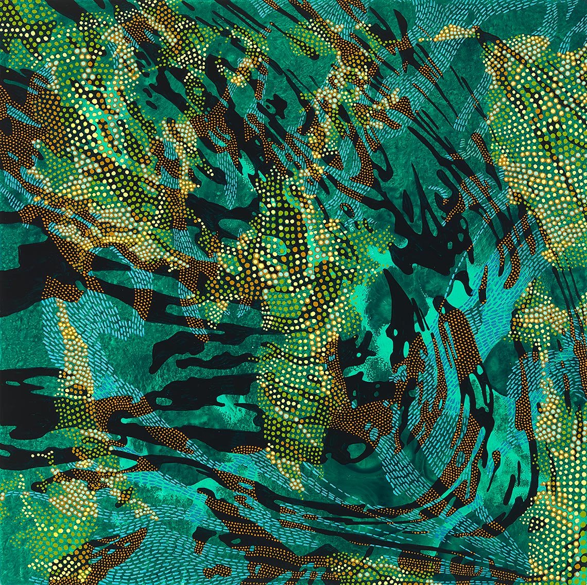abstract painting with swirling composition green with blue and yellow highlights