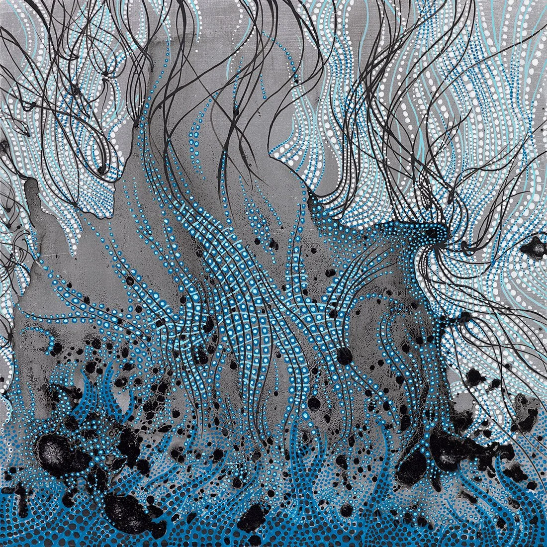 Abstract painting with flame-like pattern in silver, black, blues, and white dots