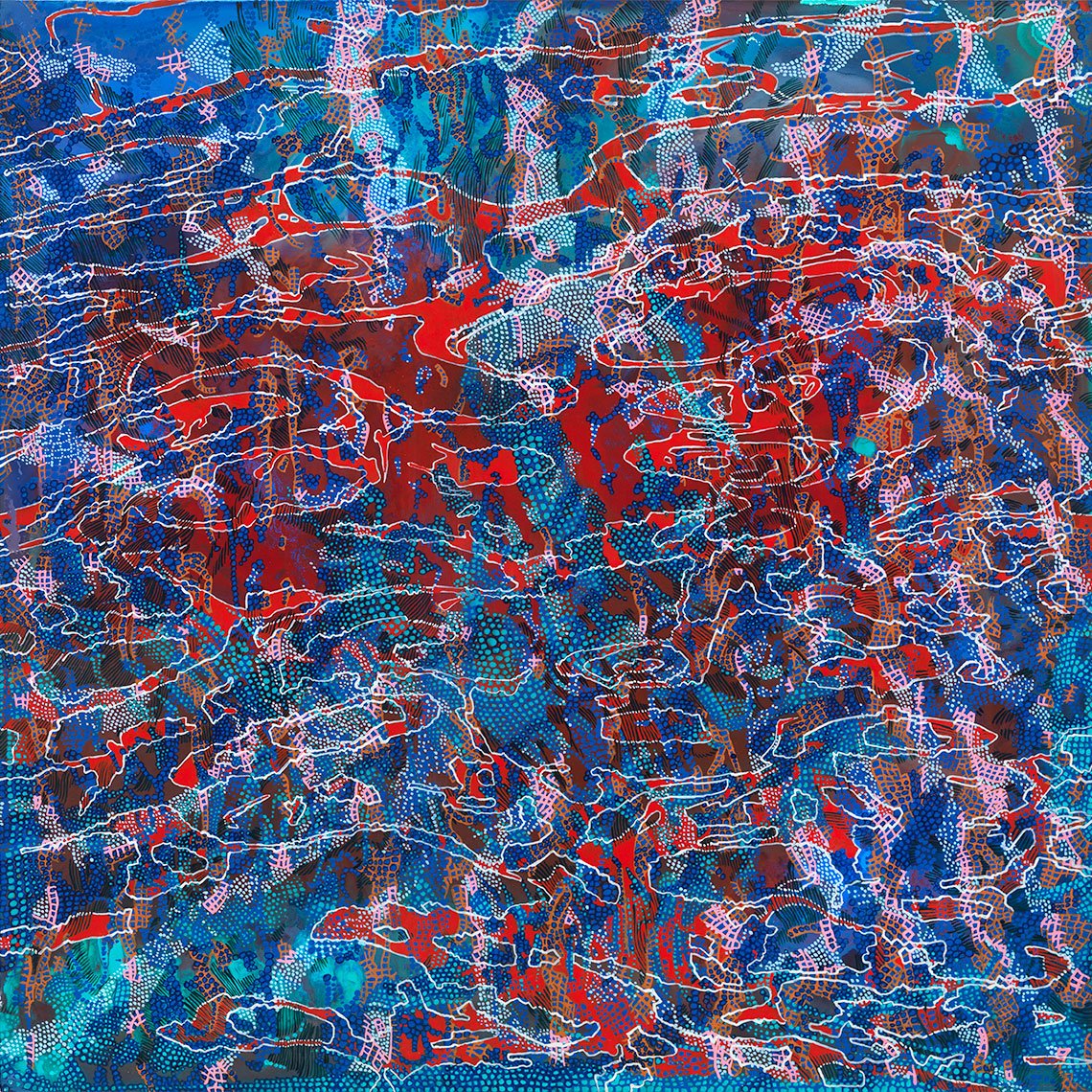 Abstract painting in blue and red, with white and pink highlights