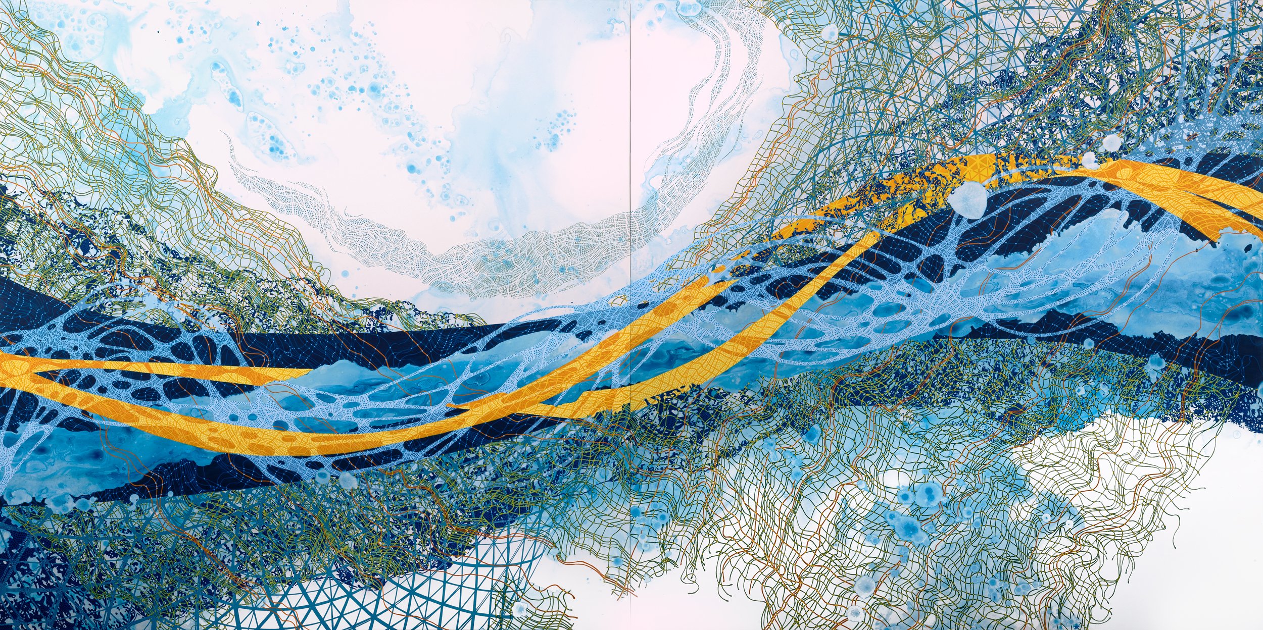 In Between the Waves, acrylic on panel, 48x96 (diptych), 2024