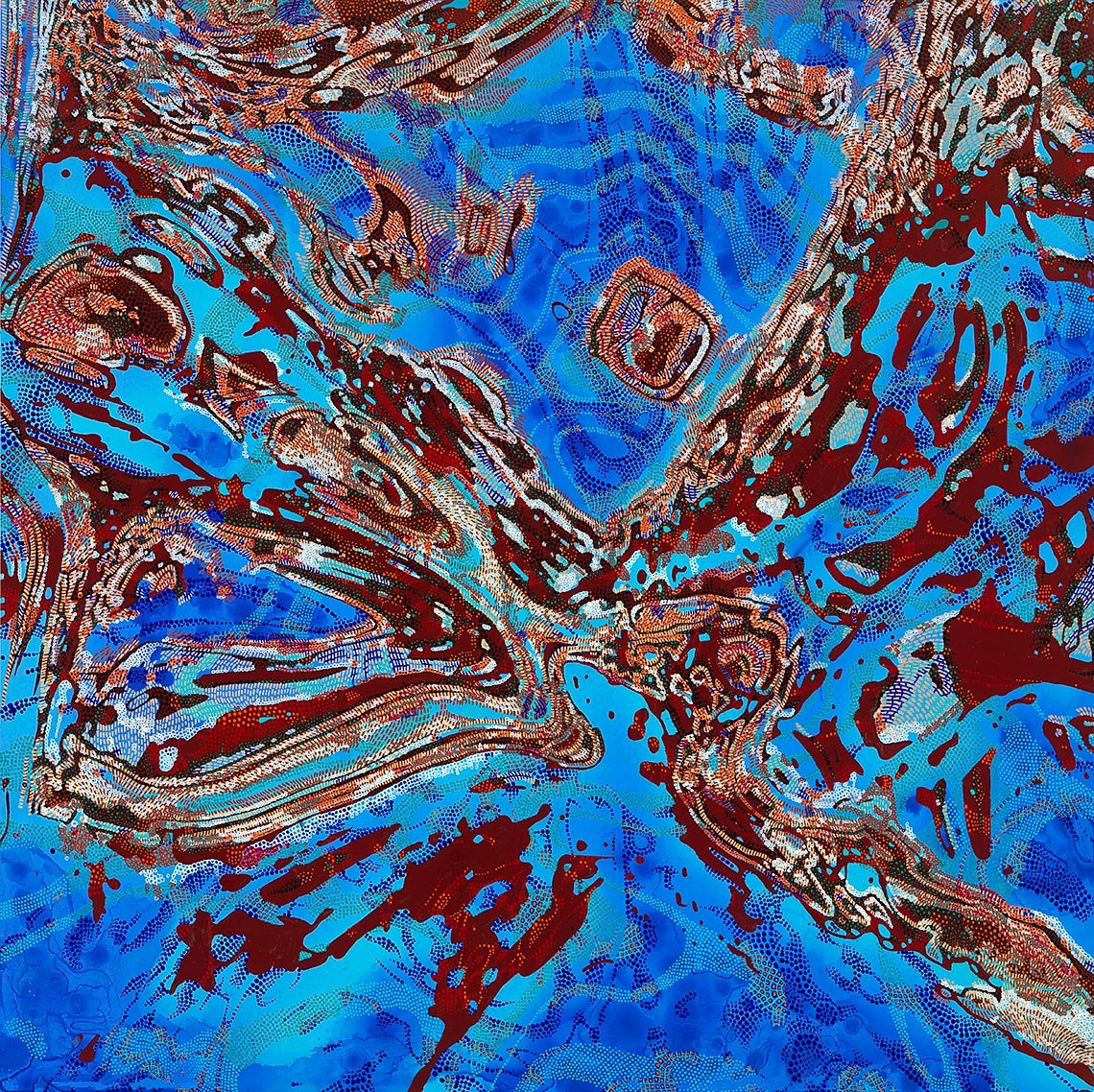 abstract painting with starburst composition in blue with red highlights
