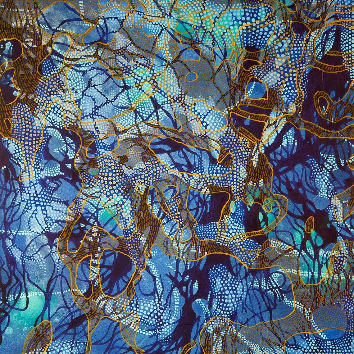 abstract painting with patterns and dots in blue with orange and rust highlights