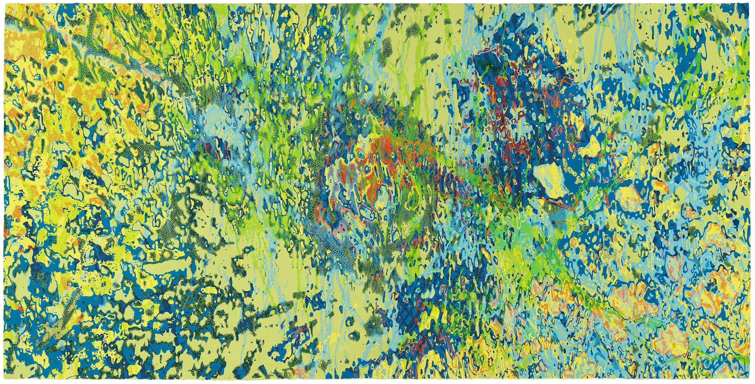 abstract painting with central composition in green and blue with yellow and orange highlights
