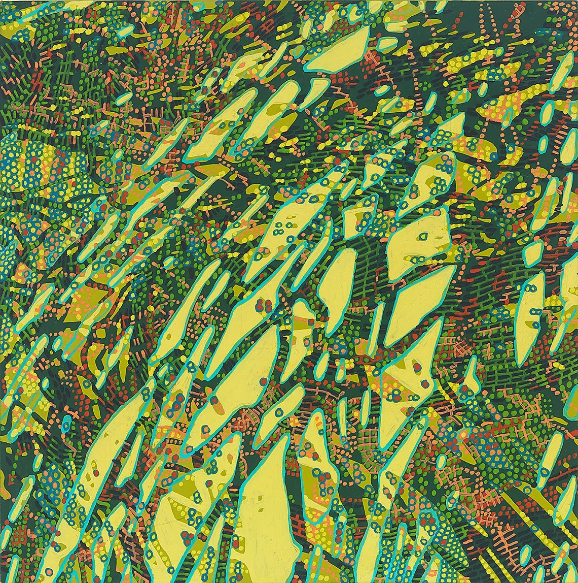 abstract painting of dots, dashes, and solid patterns in green and yellow, with orange and turquoise highlights