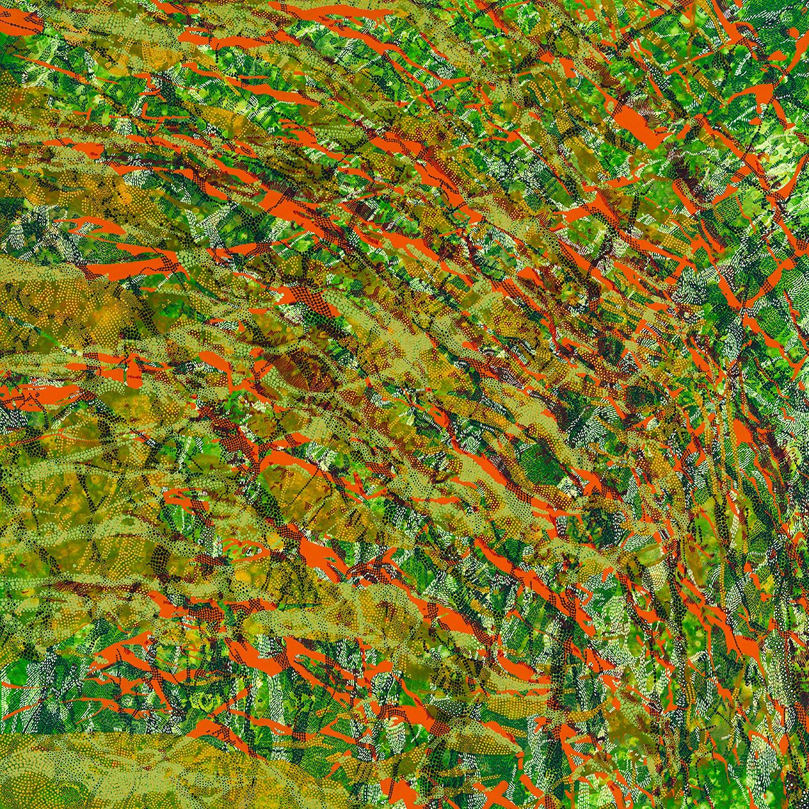 abstract painting of dots and patterns in green with orange highlights