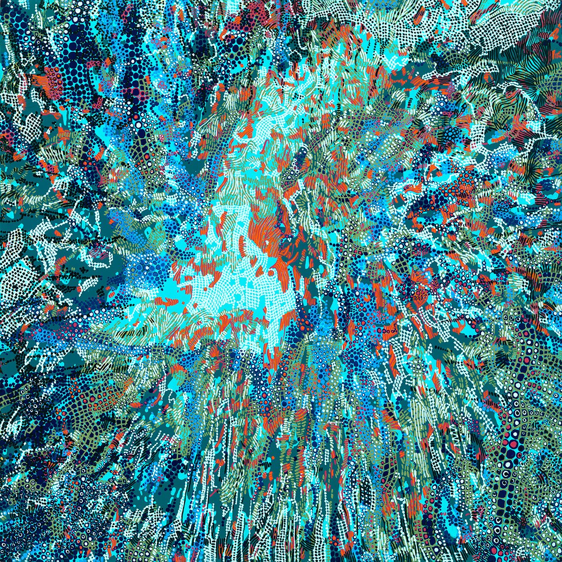 abstract painting of dots and patterns in blues and greens with orange and white highlights