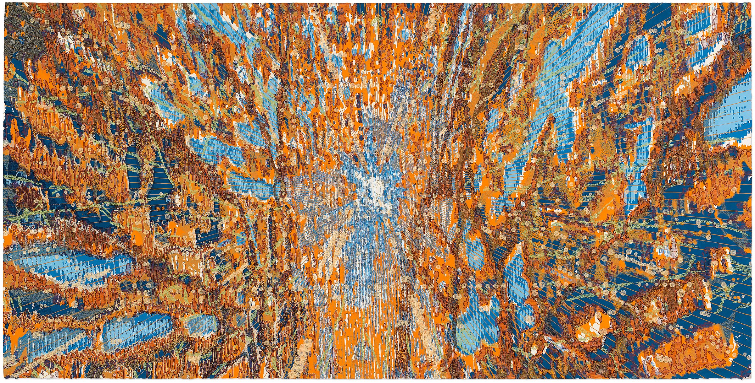 abstract painting with exploding composition in blues and oranges