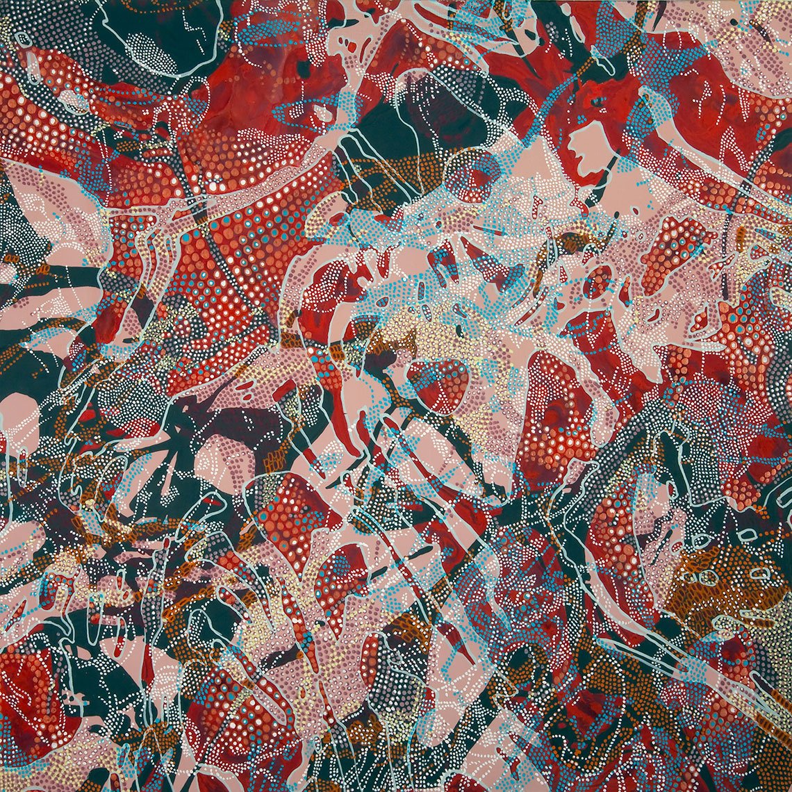 Abstract painting in reds and pinks with blue highlights