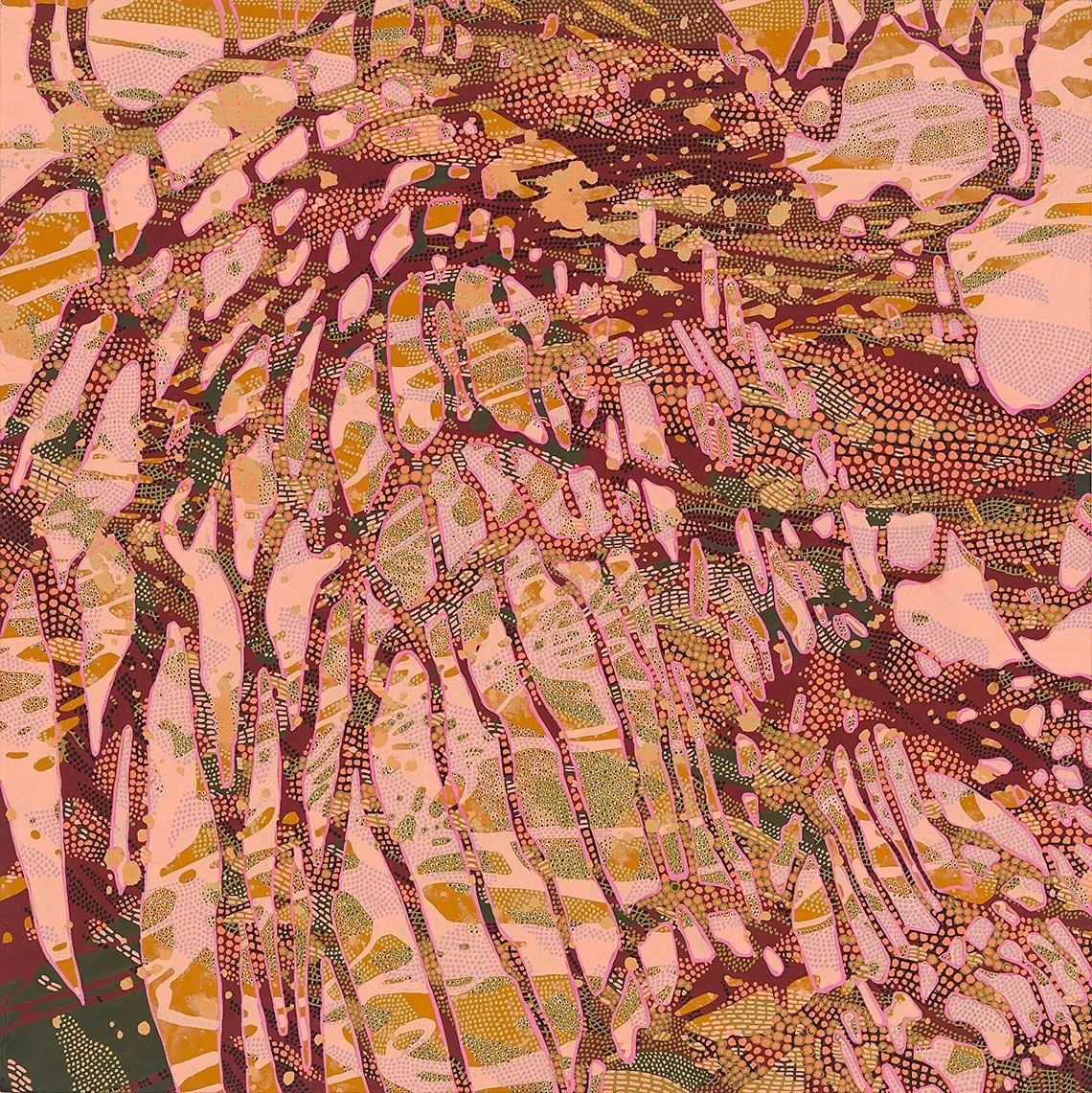 abstract painting with lots of dots in pinks, reds, and orange and green highlights
