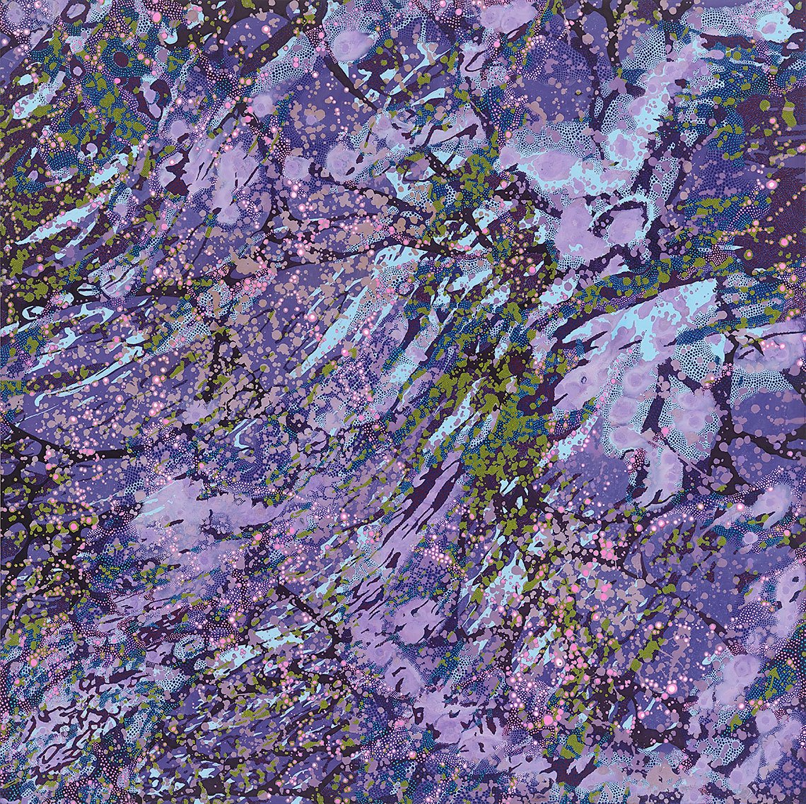 abstract painting with patterns and dots in purple, pink, and green