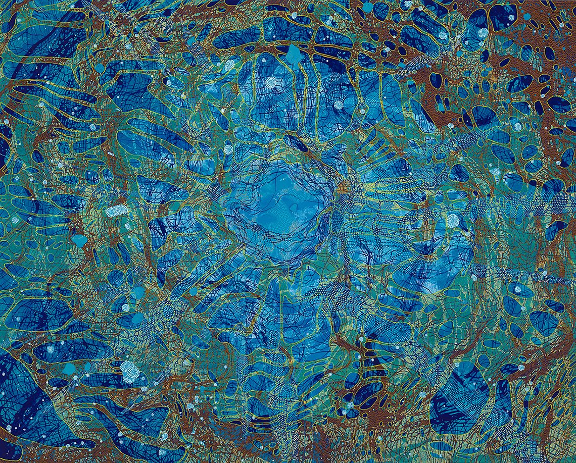 Abstract painting of weaving lines and dots around a center, in blues with yellow highlights