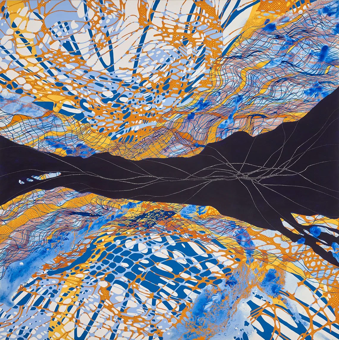 Abstract painting with large black area in middle with wave-like composition of blues and golds above and below