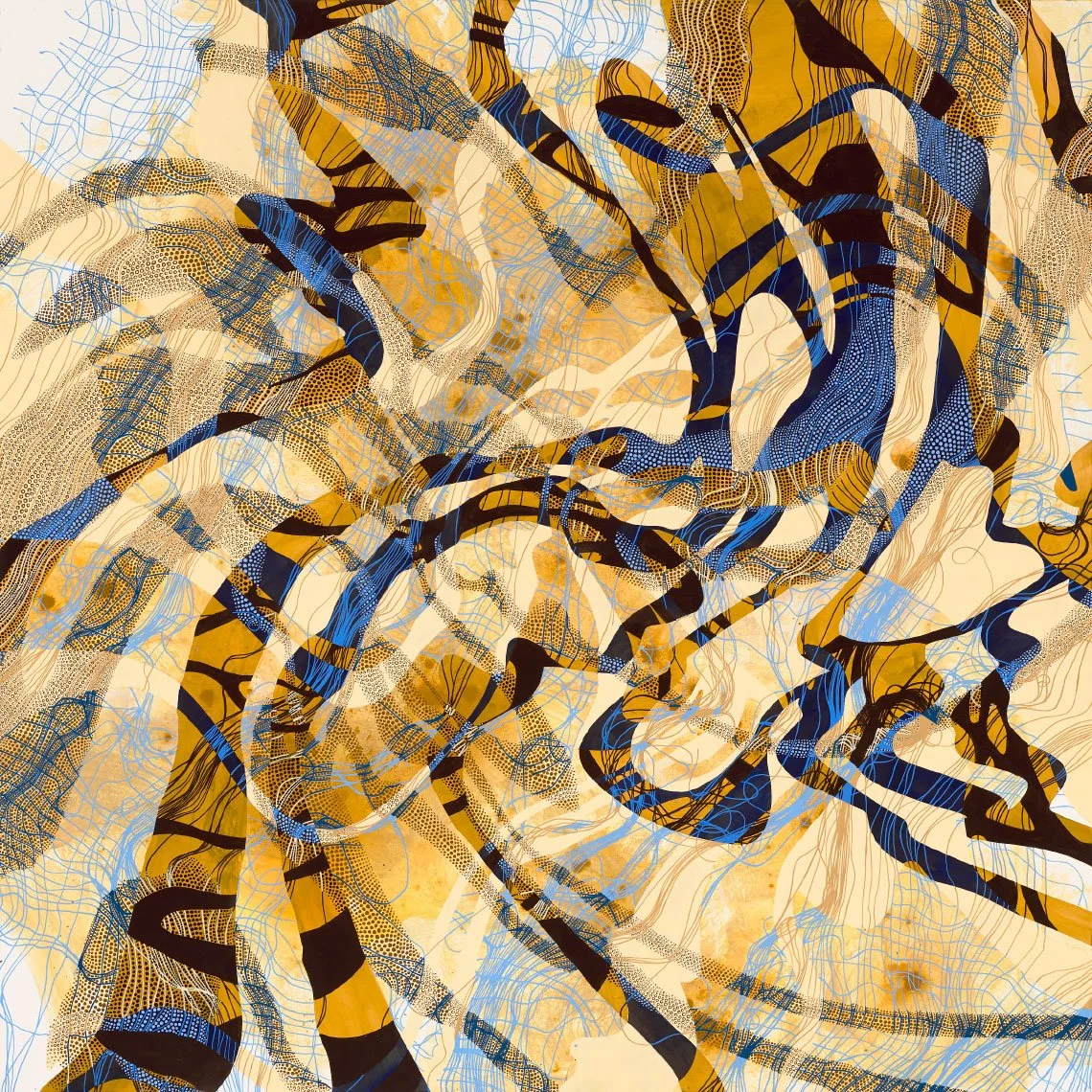 Abstract painting with swirling composition in browns and blues