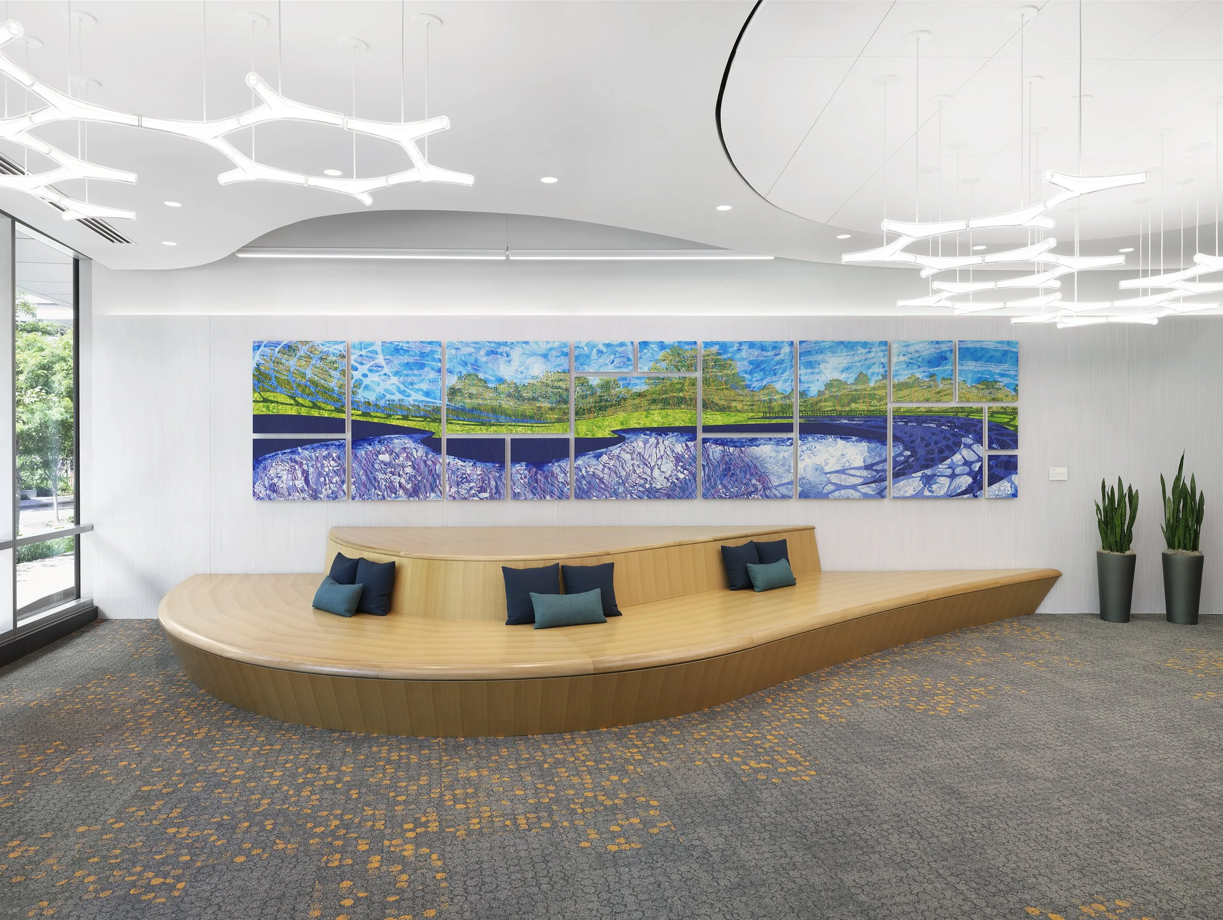 Installation view of large abstract painting in office building lobby