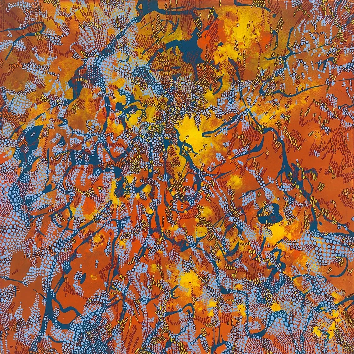 Abstract painting in orange with blue highlights
