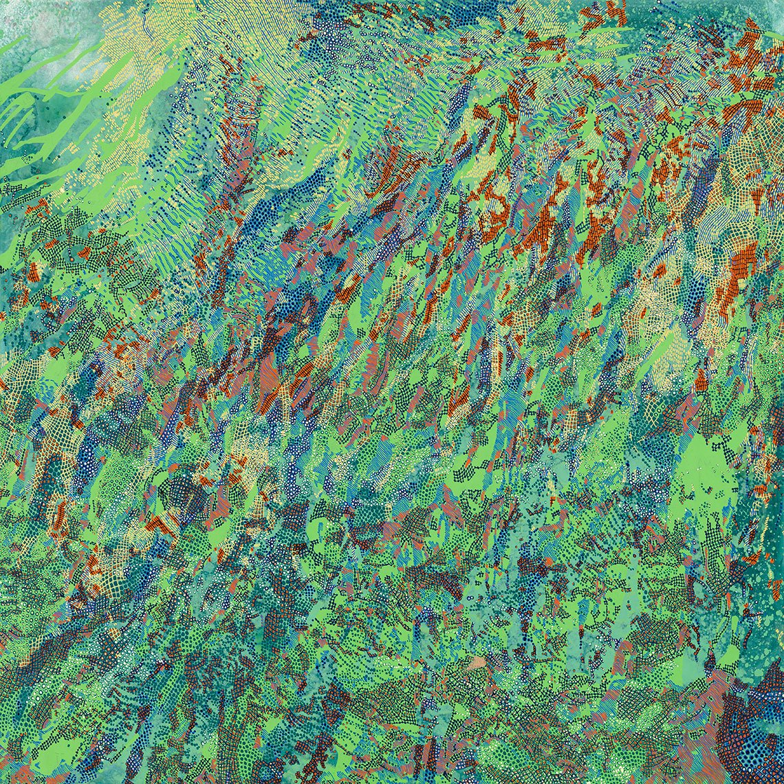 abstract painting made up mostly of dots in greens with blue and orange highlights