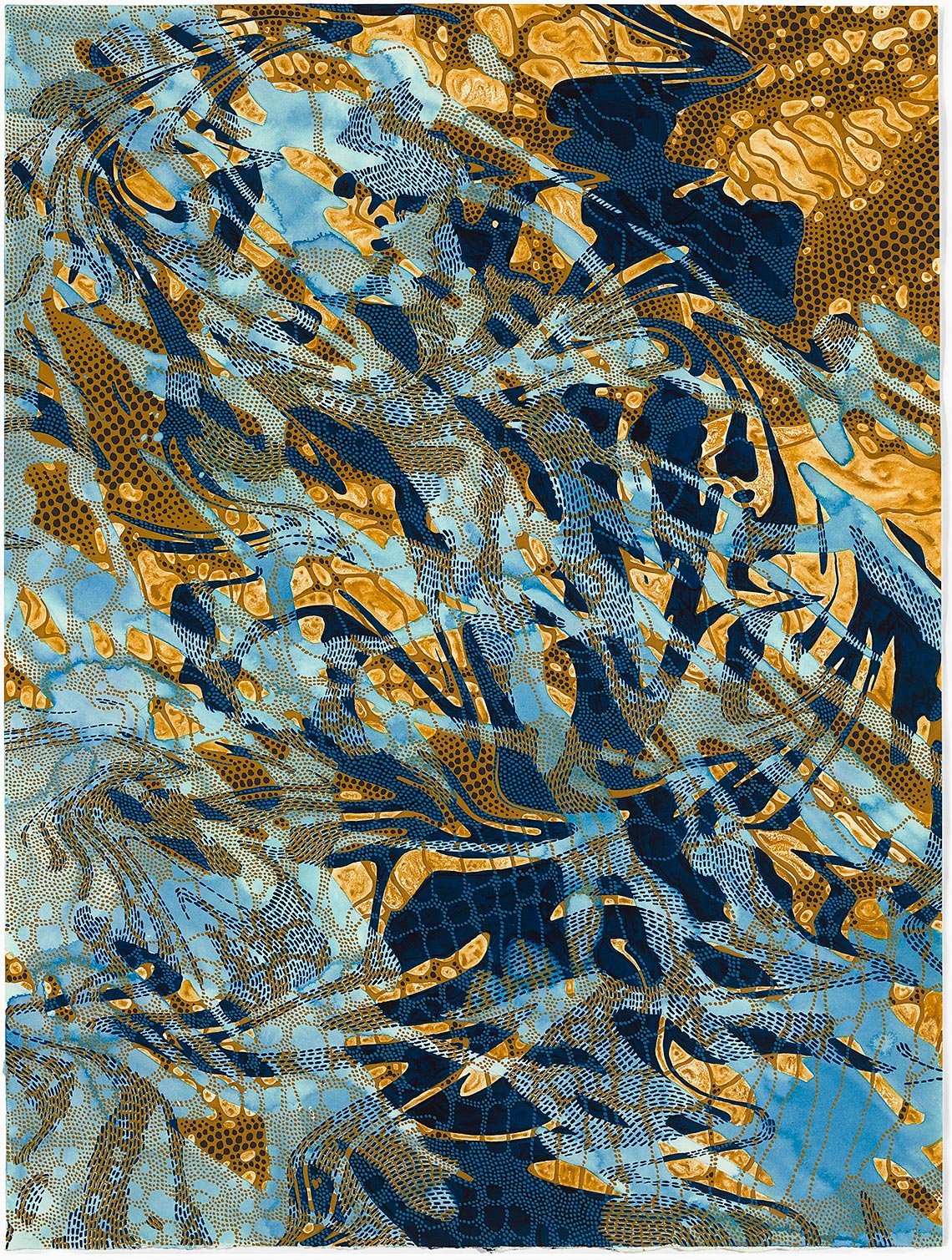 abstract painting with a network lines and organic shapes, in blues and golds
