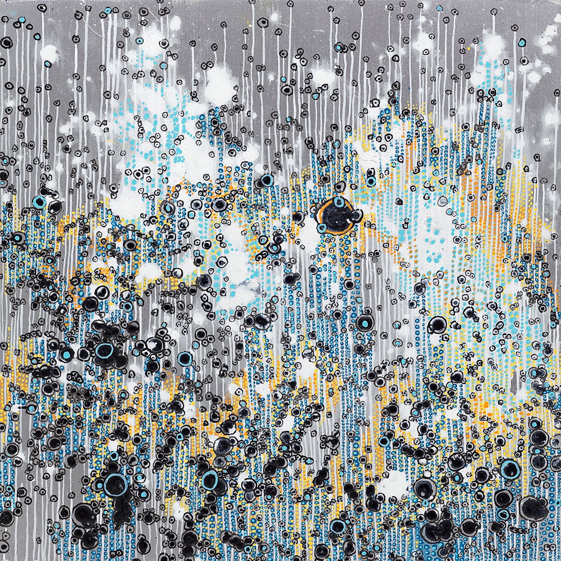 Abstract painting with bubble-like pattern in silver, black, blue, orange, and white dots