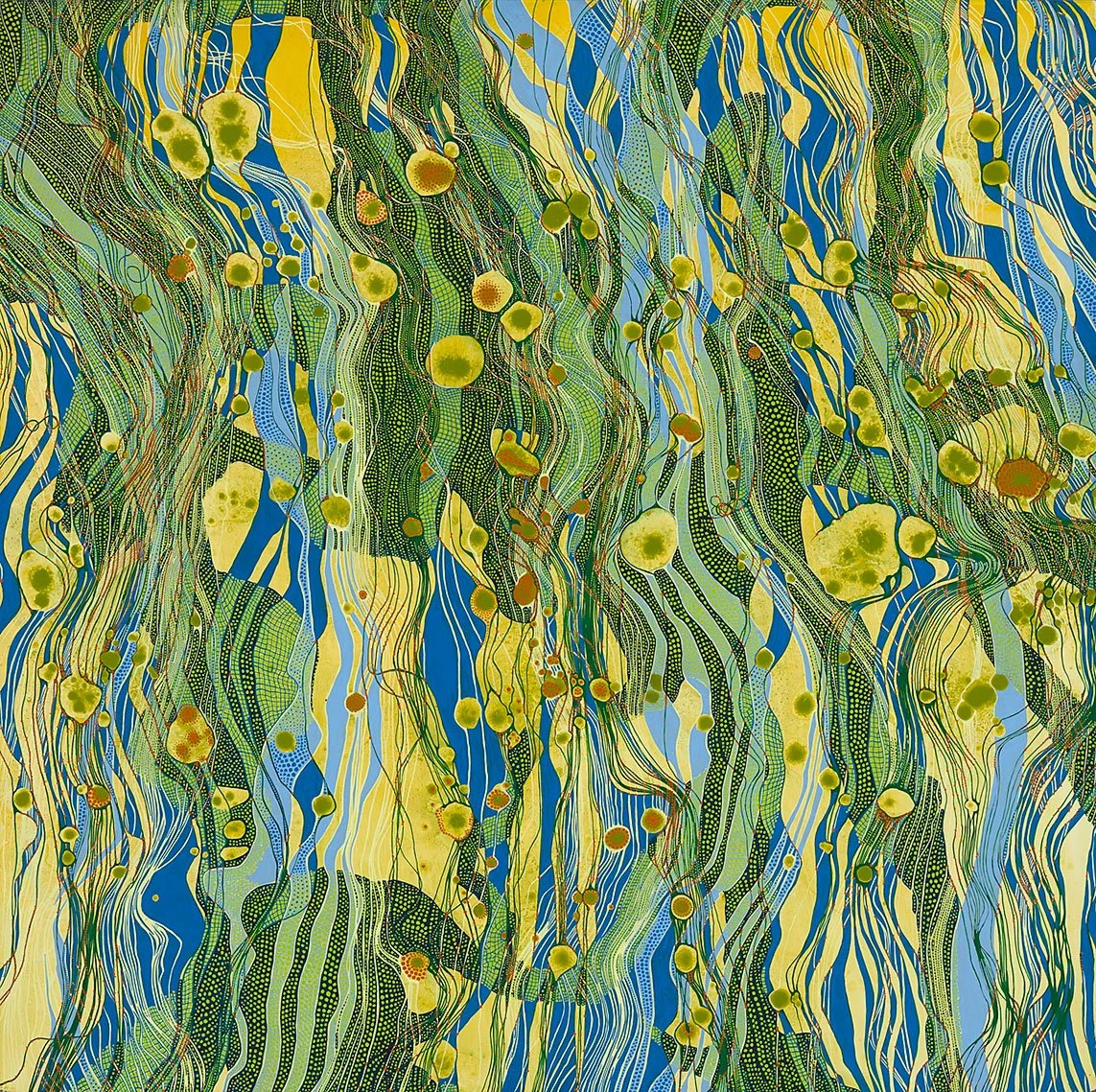 abstract painting with vertical banding composition in blues, greens, and yellows