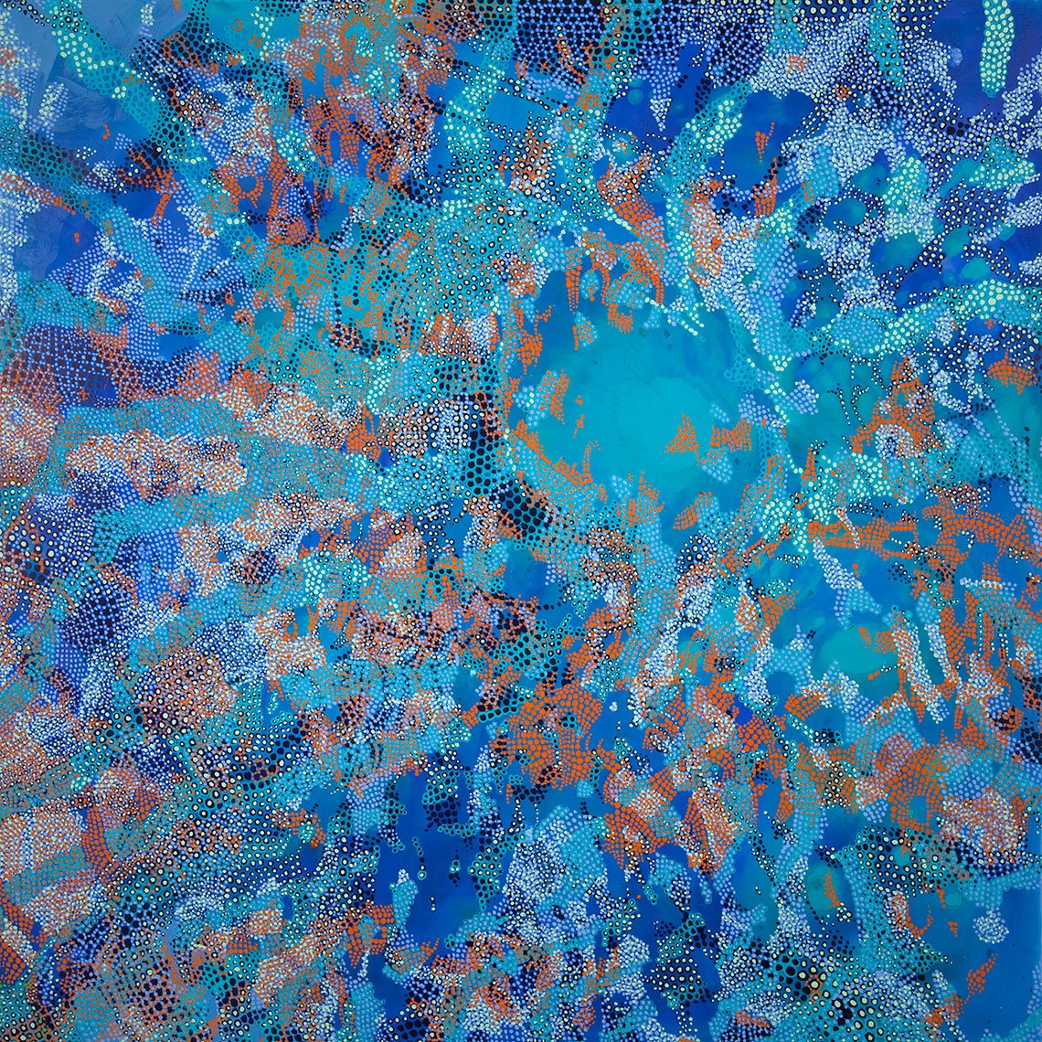 Abstract painting in blue with orange highlights