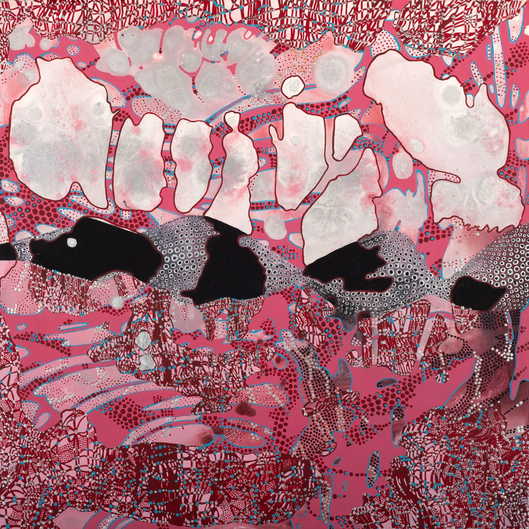 Abstract painting in pinks and reds with black and silver highlights