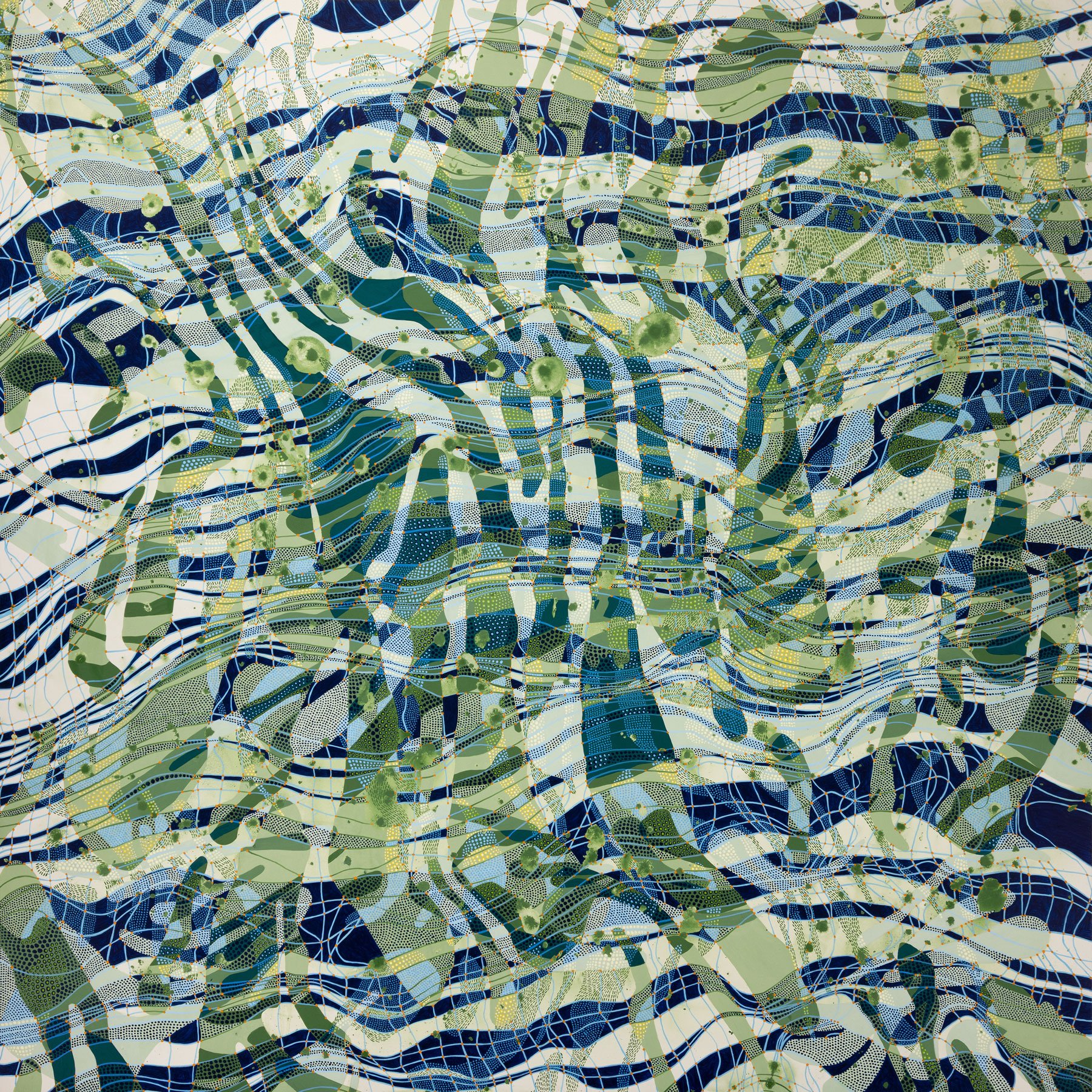 Abstract painting with wavy horizontal sections in greens and blues