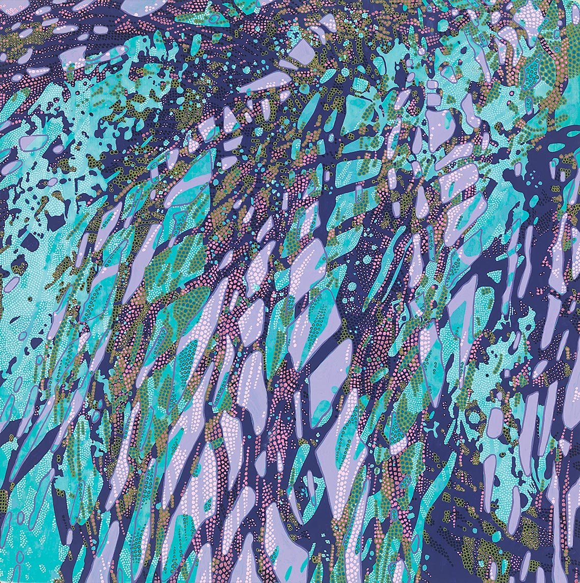 abstract painting with lots of dots in purples, blues, and greens