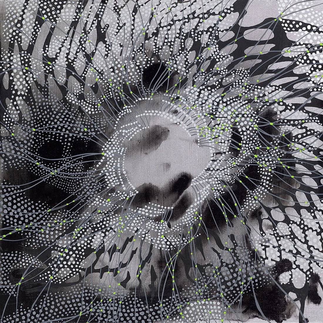 Abstract painting with circular pattern in silver and black with white dots